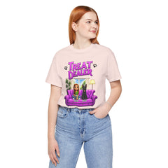 Personalized Treat Dealer T-Shirt — Funny Pet Lover Tee with Girl and Dog on Purple Couch