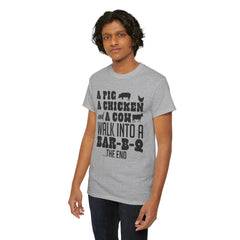 Butcher T Shirt - A Pig, A Chicken And A Cow Walk Into A Bar-B-Q. The End