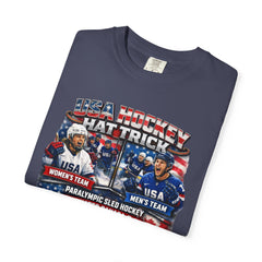 Hockey Hat Trick T-Shirt — USA Men's, Women's & Paralympic Gold Tribute 2026