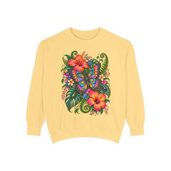 Floral Butterfly Sweatshirt — Tropical Hibiscus Garden Crewneck