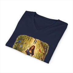 Forest Maiden V-Neck Tee — Woman with Dog & Nature Illustration