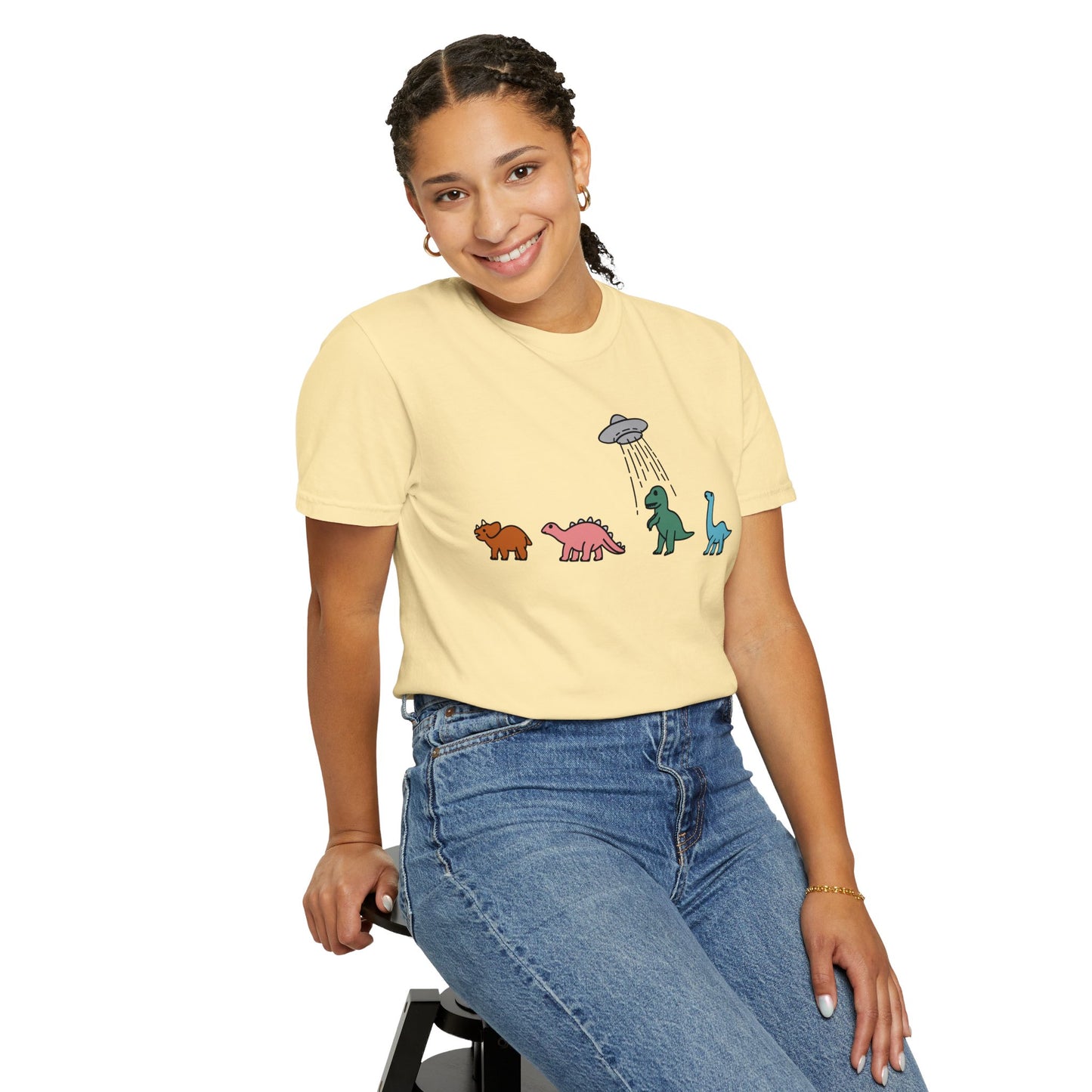 Dinosaur UFO Retro Unisex Garment-Dyed T-shirt