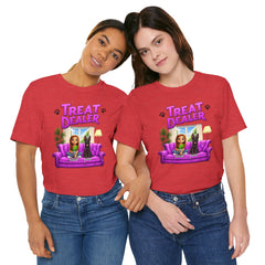 Personalized Treat Dealer T-Shirt — Funny Pet Lover Tee with Girl and Dog on Purple Couch