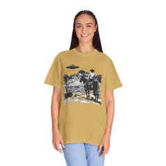 UFO Meets Cowboy Vintage Graphic T-Shirt — Retro Western Alien Tee
