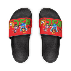 Russell Sage College Mascot Characters Graphic Women's Summer Slide Sandals -  Purple Cow, Red Devil, Golden Horseshoe, Blue Angel