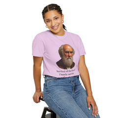Darwin Coffee Funny T-Shirt — "Survival of the Fittest? I Barely Survive Coffee Shortages."