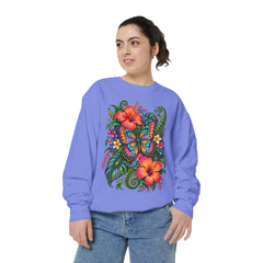 Floral Butterfly Sweatshirt — Tropical Hibiscus Garden Crewneck