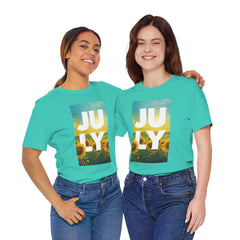 July Sunflower T‑Shirt – Summer Graphic Tee with 'JULY' Text
