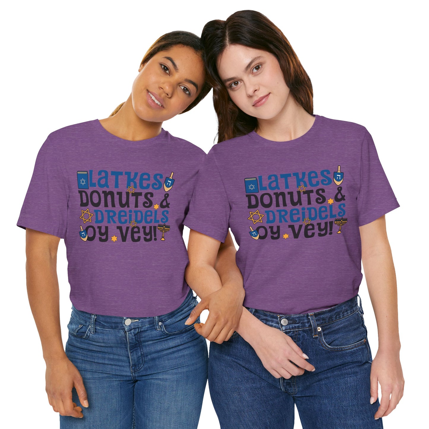 Latkes, Donuts, Dreidel, Oy Vey! - Unisex Jersey Short Sleeve Tee