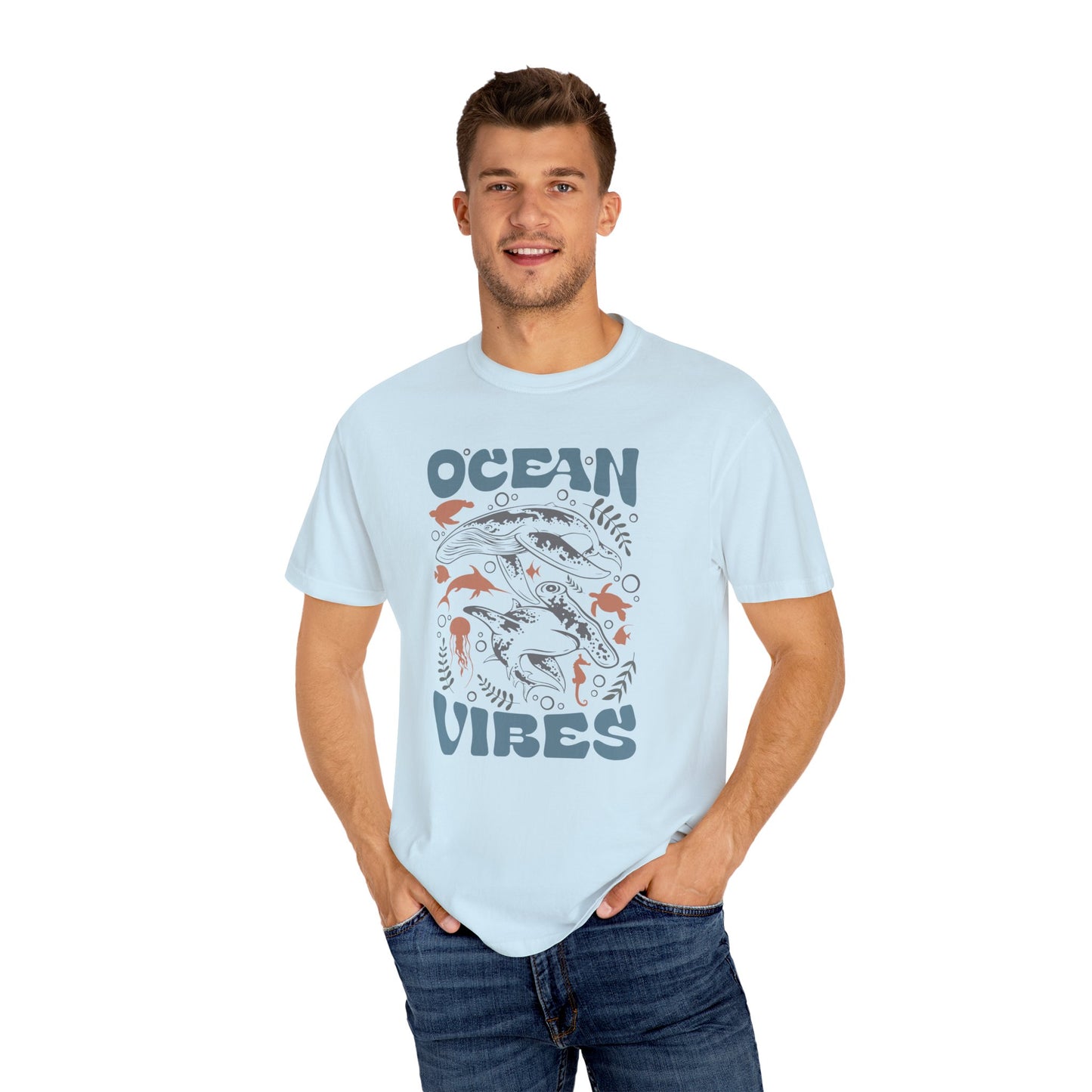 Whales and Dolphins, Ocean Vibes -  Graphic Unisex Garment-Dyed T-shirt