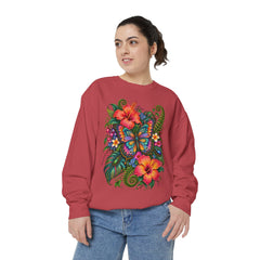 Floral Butterfly Sweatshirt — Tropical Hibiscus Garden Crewneck