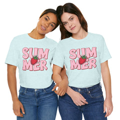 Summer Strawberry T-Shirt — Cute Pink Graphic Tee with Strawberry "SUMMER" Design