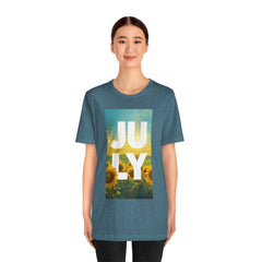 July Sunflower T‑Shirt – Summer Graphic Tee with 'JULY' Text