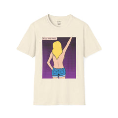 WILD AND FREE Pop Art Blonde Hair Girl with denim shorts and no top Unisex Softstyle T Shirt