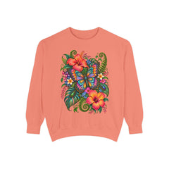 Floral Butterfly Sweatshirt — Tropical Hibiscus Garden Crewneck