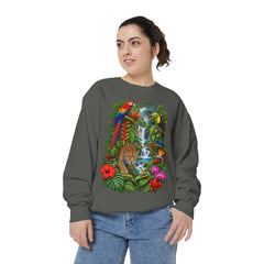 Tropical Jungle Waterfall With Leopard and Parrot Sweatshirt