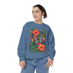 Floral Butterfly Sweatshirt — Tropical Hibiscus Garden Crewneck