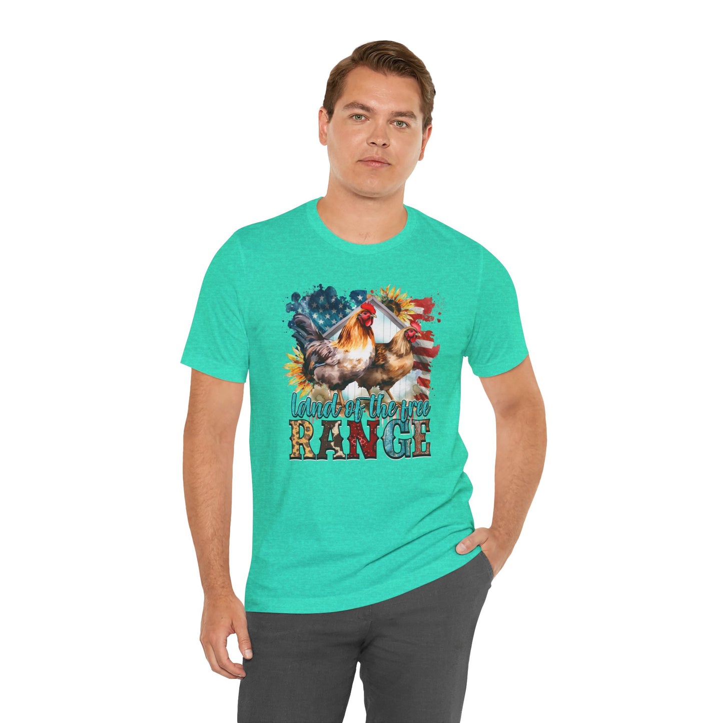 Land Of The Free RANGE Chicken Graphic, Unisex Jersey Short Sleeve Tee