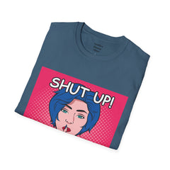 SHUT UP Pop Art Woman striking a Librarian pose Unisex Softstyle T Shirt