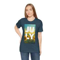 July Sunflower T‑Shirt – Summer Graphic Tee with 'JULY' Text