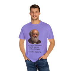 Darwin Coffee Funny T-Shirt — "Survival of the Fittest? I Barely Survive Coffee Shortages."