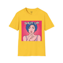 SHUT UP Pop Art Woman striking a Librarian pose Unisex Softstyle T Shirt