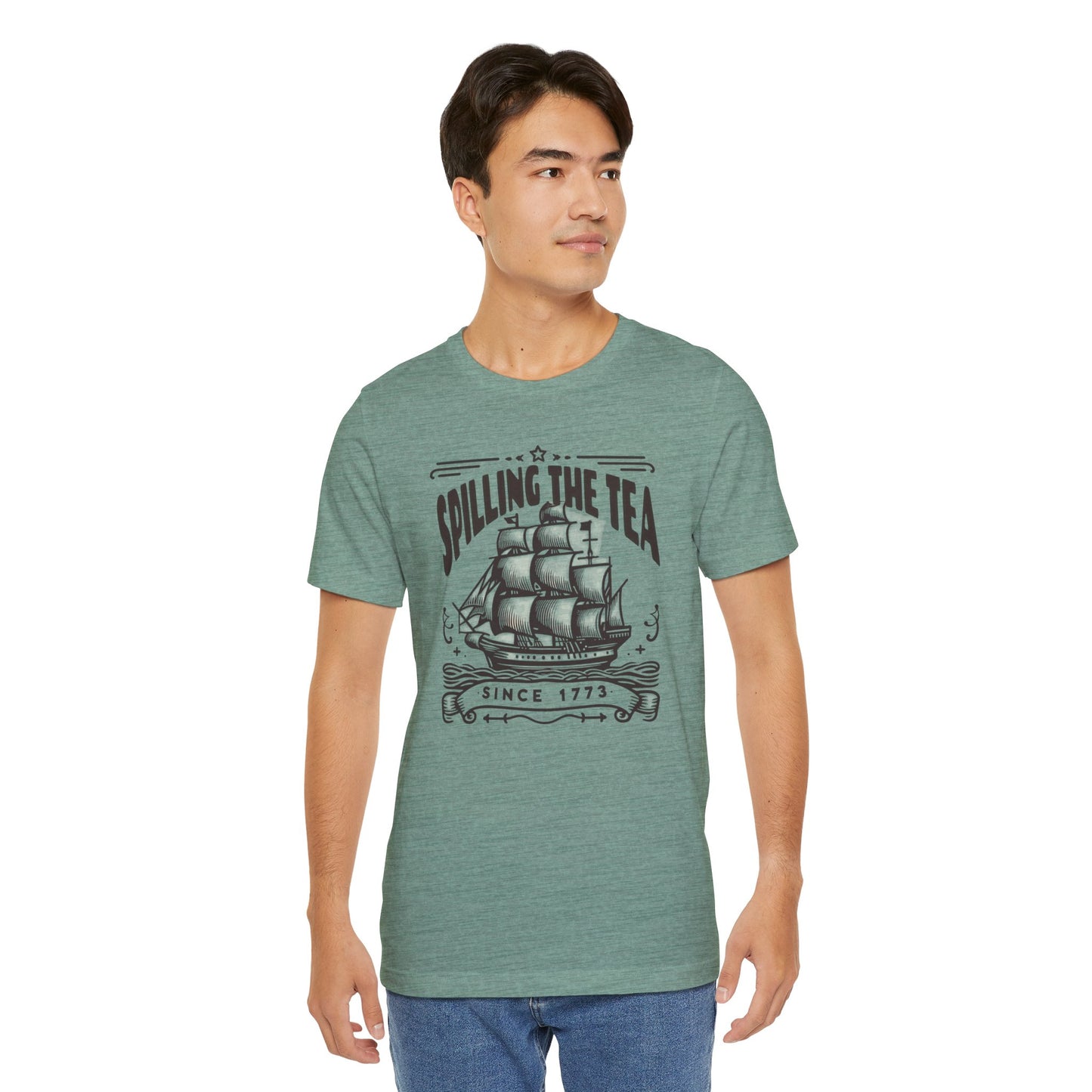 Spilling The Tea Since 1773, Sailing Ship Graphic, Unisex Jersey Short Sleeve Tee