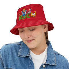Unisex Bucket Hat - Russell Sage College Mascot Characters Purple Cow, Red Devil, Golden Horseshoe, Blue Angel