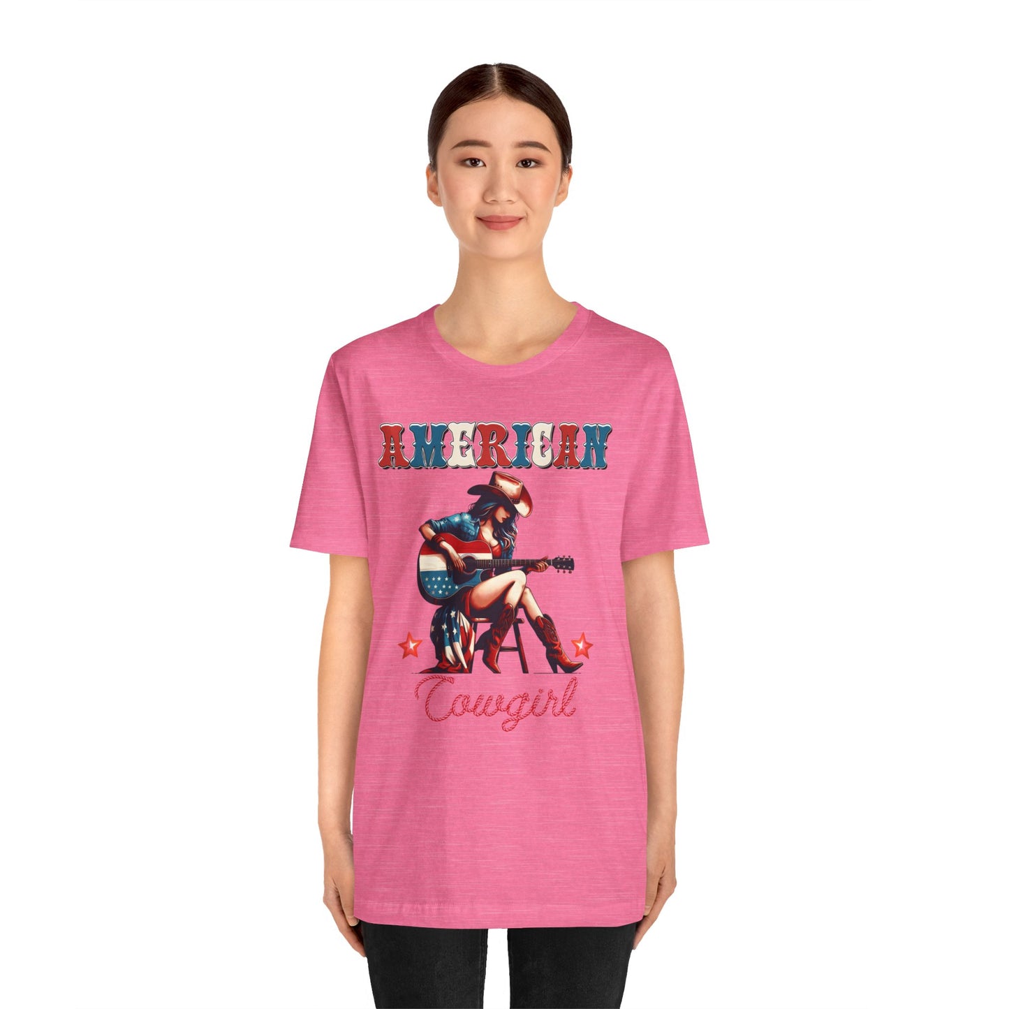 American Cowgirl, Playing Guitar Graphic, Unisex Jersey Short Sleeve Tee