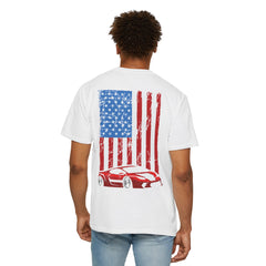 Patriotic Car Graphic Unisex T-Shirt - Vintage American Flag Design