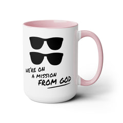 Funny Movie Quote Mug, We're On A Mission From God, Blues Brothers Movie, Cheap Sunglasses, Novelty Gift, 80s Movie Mug, Two Tone Mug 15 oz.
