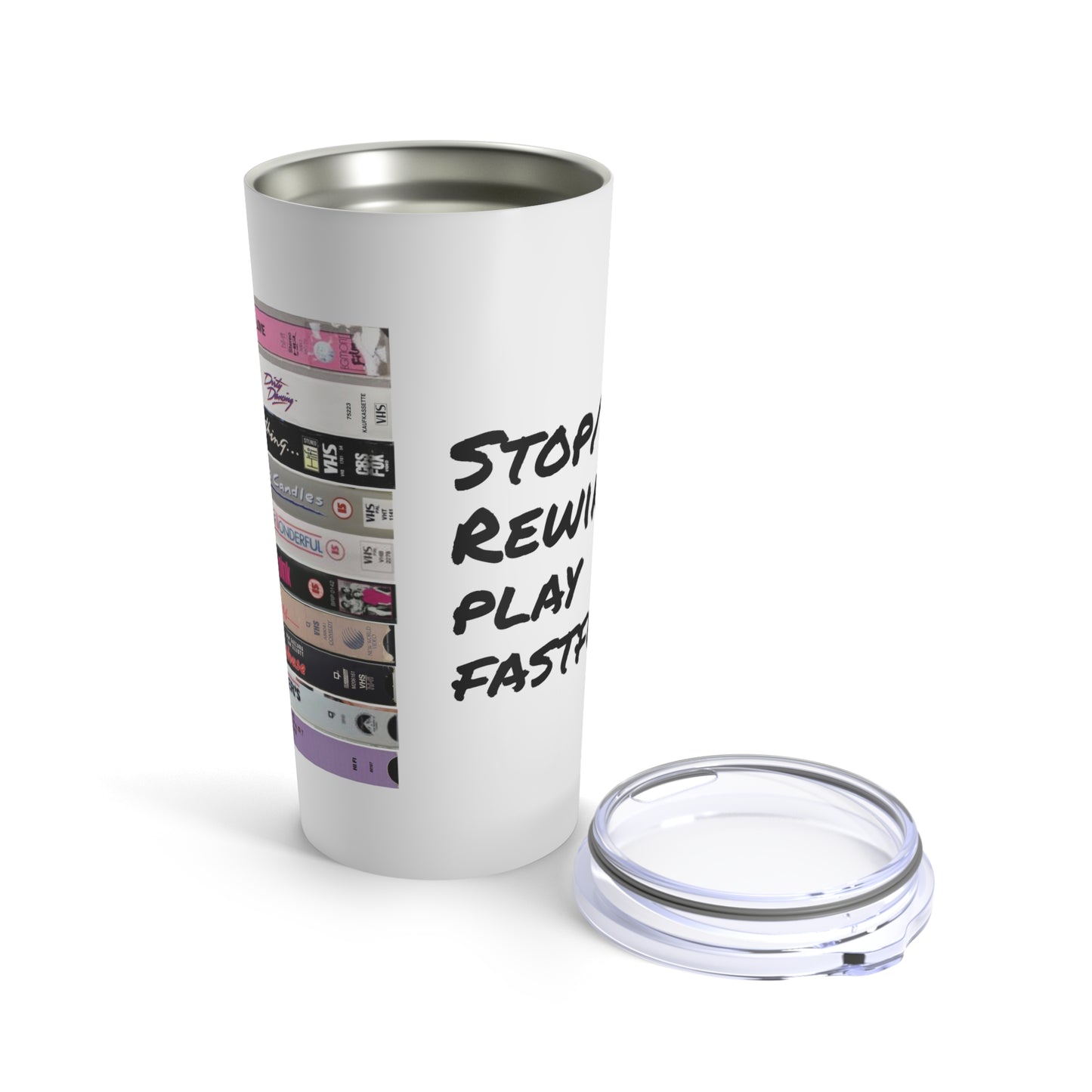 Stop/Eject Rewind Play FFwd 80s Movie Stack of VHS Tapes - 20oz Stainless Steel Tumbler