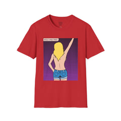 WILD AND FREE Pop Art Blonde Hair Girl with denim shorts and no top Unisex Softstyle T Shirt
