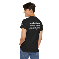 Dog Trainer T‑Shirt — "dog trainer." Front Logo with "we believe..." Positive Training Back Text