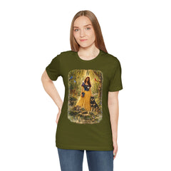 Fairy Tale Forest Tee — Woman with Dog Vintage Fantasy Graphic Shirt