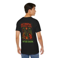 Funny Eerie Adventure Unisex Tee - Olympic National Park Camping Shirt, Bigfoot, Aliens and Bears by the Campfire