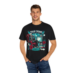 True crime junkie tshirt, vintage style tee, skeleton graphic tee, relaxed fit tee, crime lover, mystery lover, stylish tshirt for her/him.