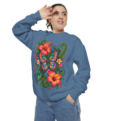 Floral Butterfly Sweatshirt — Tropical Hibiscus Garden Crewneck
