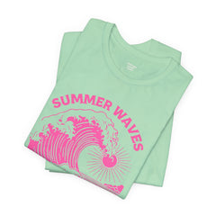 Summer Waves & Sunshine Tee — Retro Pink Surf Graphic T-Shirt