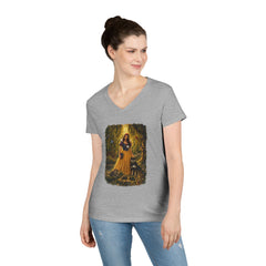 Fairy Tale Snow White & Dog V-Neck T-Shirt — Whimsical Princess Forest Graphic