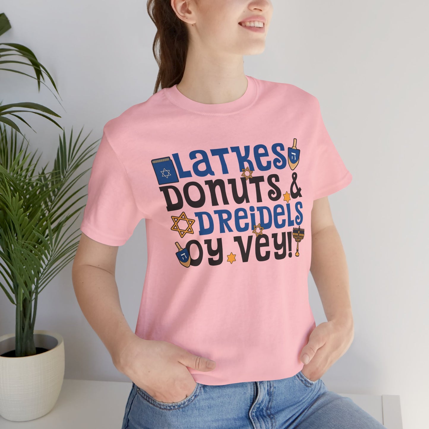 Latkes, Donuts, Dreidel, Oy Vey! - Unisex Jersey Short Sleeve Tee