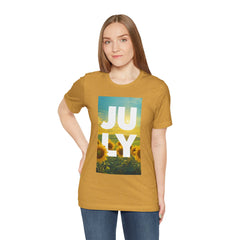 July Sunflower T‑Shirt – Summer Graphic Tee with 'JULY' Text