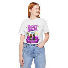 Personalized Treat Dealer T-Shirt — Funny Pet Lover Tee with Girl and Dog on Purple Couch