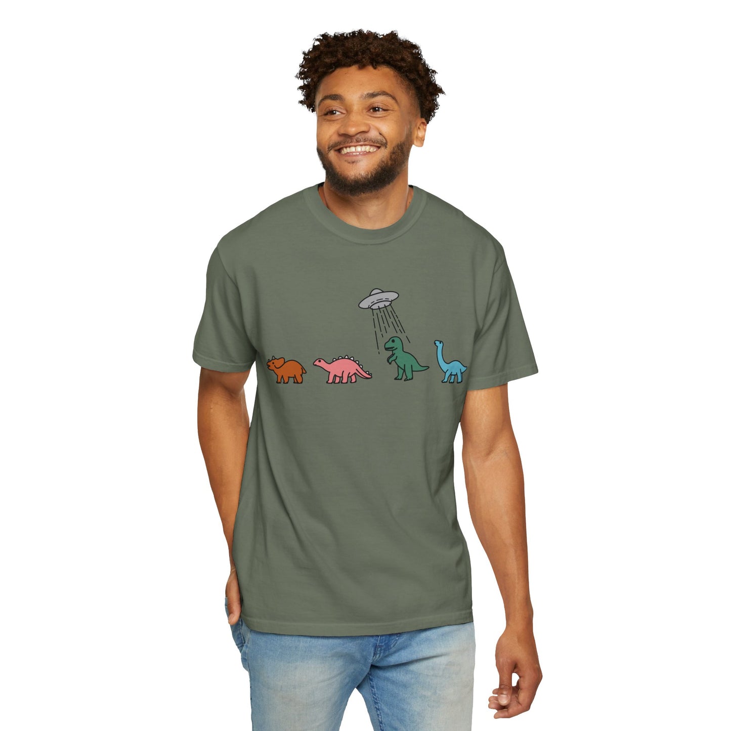 Dinosaur UFO Retro Unisex Garment-Dyed T-shirt