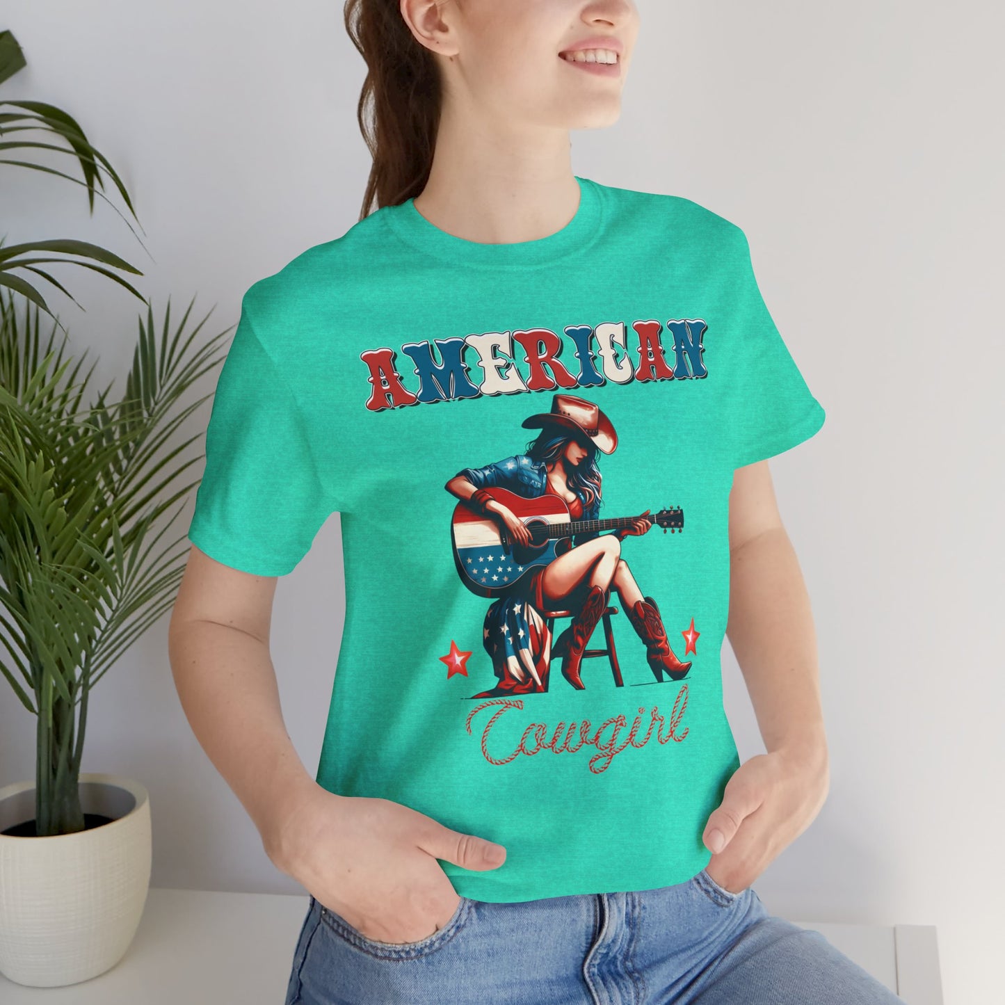 American Cowgirl, Playing Guitar Graphic, Unisex Jersey Short Sleeve Tee