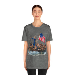 Historical Fever Patriot T‑Shirt — Revolutionary Flag Rowboat Design