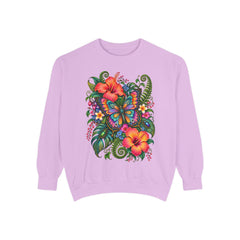 Floral Butterfly Sweatshirt — Tropical Hibiscus Garden Crewneck