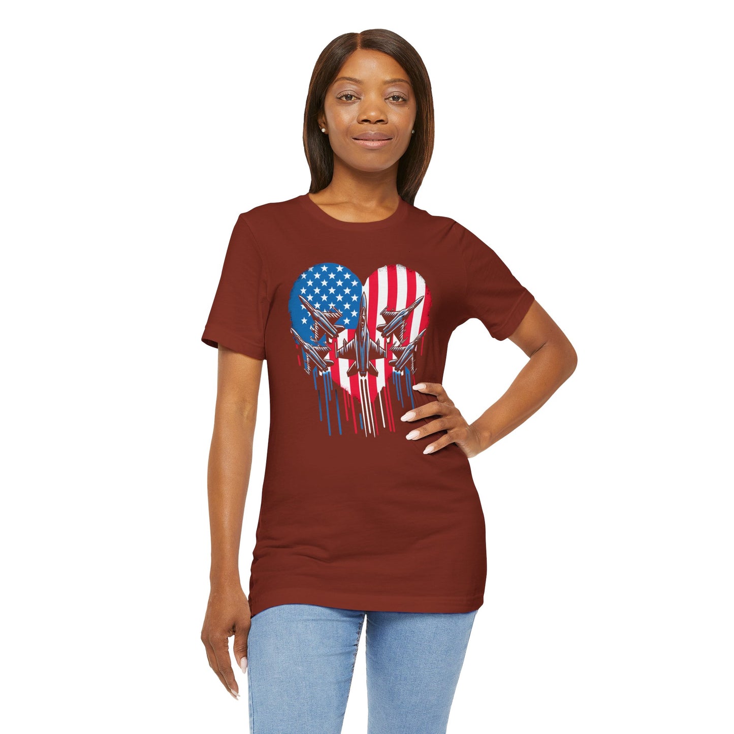 Red White and Blue Heart with Jets Graphic, Unisex Jersey Short Sleeve Tee