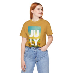 July Sunflower T‑Shirt – Summer Graphic Tee with 'JULY' Text