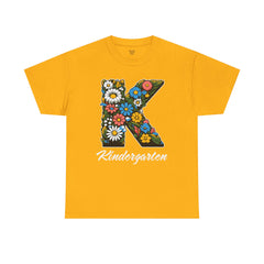 Kindergarten Floral Letter Tee, Kids Birthday Gift, Teacher Appreciation Shirt, Spring Celebration Tee, Unisex Cotton Tee